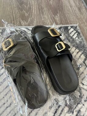 SHEIN Black Slide Sandals with Gold Buckles